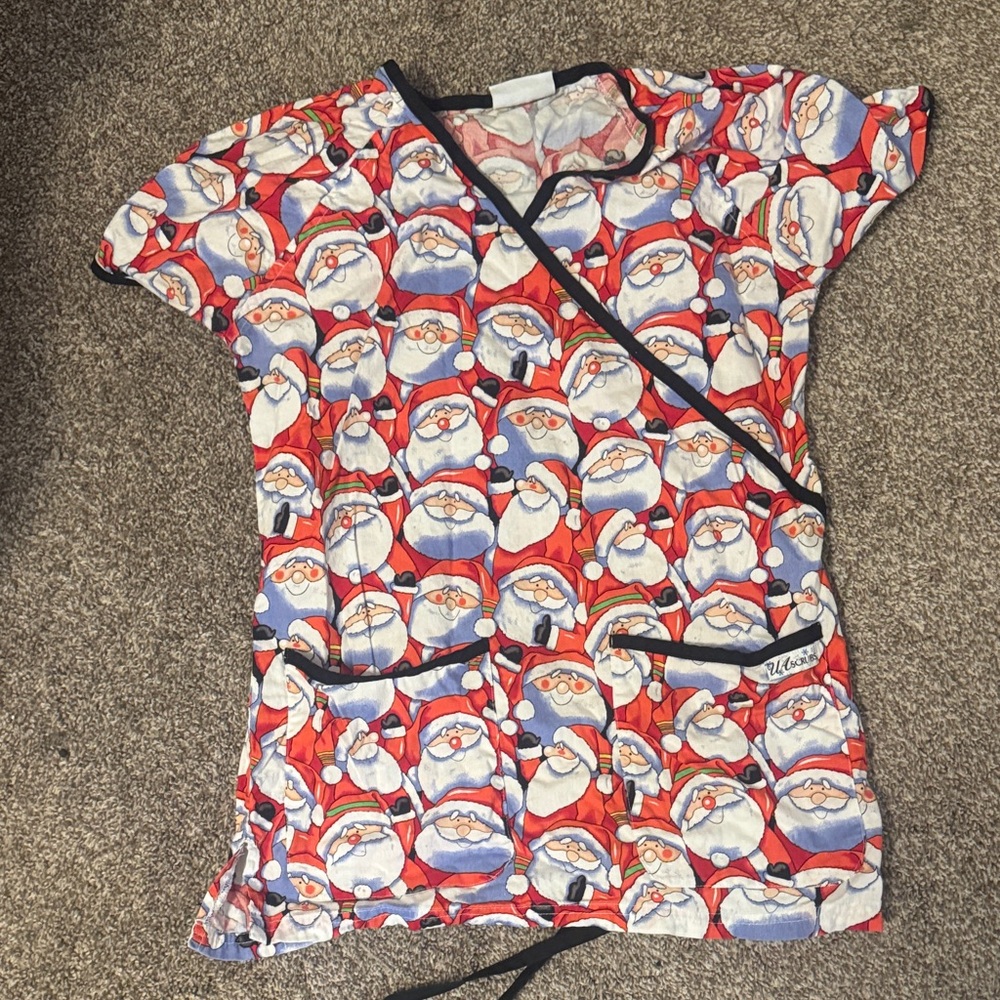 UAscrubs Red and white Santa scrub top